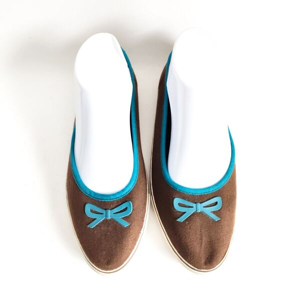 90's Y2K dELiA's Brown Blue Trim Bow Ballet Flats Corley Vegan Size 8 Coquette - Picture 5 of 11